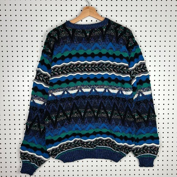 Concrete 3D Coogi STYLE Knit Sweater Large Blue Multicolor Grandpa 90s Hip Hop - Picture 4 of 6